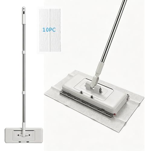 KZKR Upgrade Push Clamp Mop Kit - 2-in-1 Full Size Press Grip Lazy Sweeper Mop with Convenient Cloth Changing Compatible with Swiffer Pads Hardwood Tile Marble Floor Cleaning 52in with10 Dry Cloths