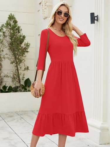 Image of Heymoments Women's Casual 3 /4 Sleeve Midi Dress Crewneck A Line Tiered Flowy Loose Travel Long Dresses with Pockets