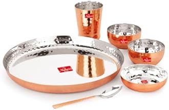Maahavira Gold Round Copper Hammered Finish Dinner Sets Used for Home & Restaurant with 1 Thali, 2 Bowls, 1 Sweet Dish, 1 Glass & 1 Spoon-Set of 6