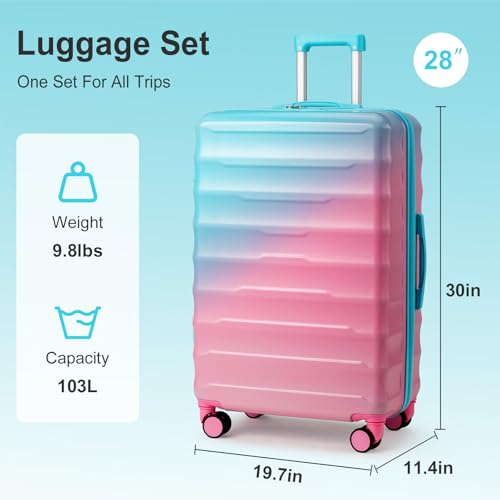 Karl home 28 Inch Checked Luggage, PC+ABS Hardshell Multicolor Check-in Suitcase with Spinner Wheels & TSA Lock, Lightweight Large Luggage for Travel - Gradient Pink & Light Blue4