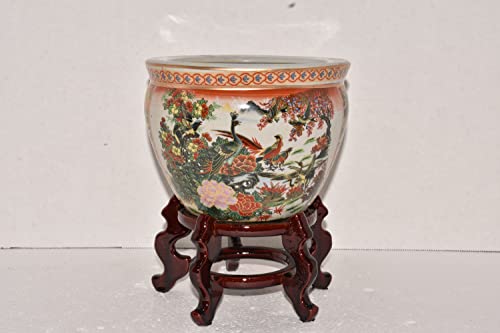 New 6" Double Themed Oriental Peacock Birds & Geisha Women Fish Bowl Jardiniere Planter Plant Pot Satsuma Style With Wooden Stand #TOP2