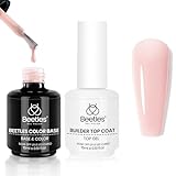 Beetles Color Base Coat & Builder Top Coat Gel Set, 2Pcs 15ML Nude Pink Color Base Gel Ultra Shine No Wipe Builder Top Coat Gel for Nails, Long Lasting Thick Base For Nail Strengthening Gift for Girls