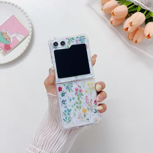 Coque Samsung Z Flip 5 transparente paillettes fleur antichoc rigide
