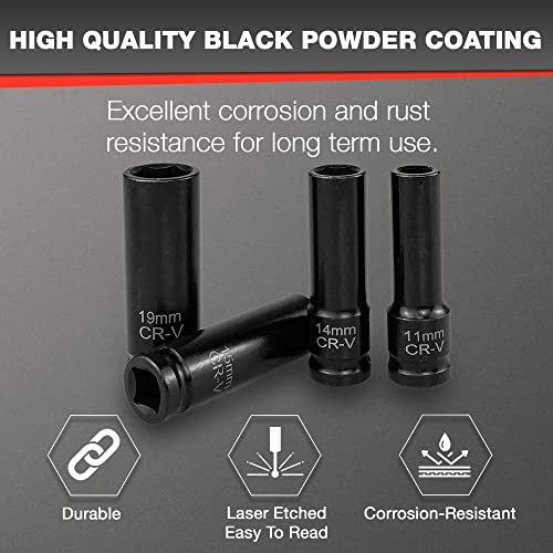 33pcs 1/2" Impact Socket Set (8-22mm), Metric Socket Set, Cr-V Steel, 6 Point Deep & Shallow Sockets, with 5" 10" Extension Bars and 1/2" Universal Joint