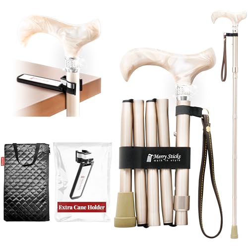 Merry Sticks, Canne de Marche réglable Pliante, Comprend Un Sac de Canne Pratique et Un Porte-Canne réfléchissant Intelligent (Champagne doré Royal avec...