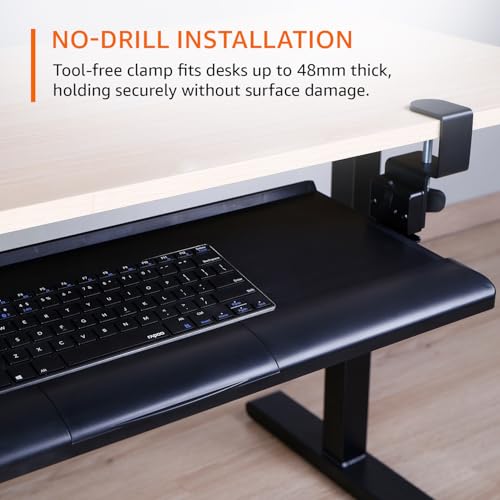 Image of Amazon Basics Ergonomic Under-Desk Keyboard Tray | Slide-Out Design with Sturdy C-Clamps | Space-Saving | Non Drill Clamp On Mount | Fits Desks Upto 48mm Thickness | 68 L x 28.3 W x 2.9 H cm