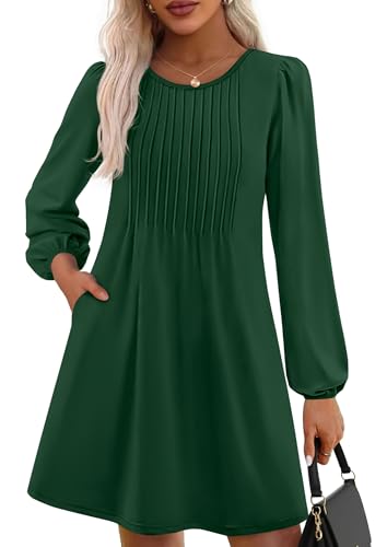 PRETTYGARDEN Fall Dresses for Women 2025 Long Sleeve Mini Short Flowy A Line Casual Holiday Party Tunic Dress Fashion Clothes (Dark Green,Large)