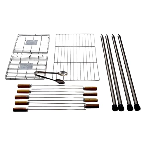 Image of Compact Portable Foldable Stainless Steel Charcoal Barbeque BBQ Grill Set with Extendable Legs, Skewers, Tongs, Bag, Charcoal Tray + Top Cooking Grate For Home Outdoor Garden (KL-GRX03G)