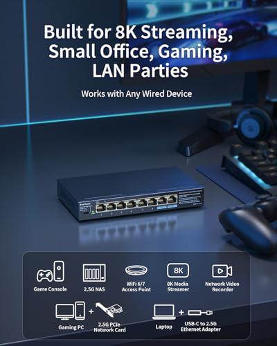 BrosTrend 2.5Gb Switch, Unmanaged 8 Port Ethernet Switch 2.5 Gigabit Supports Static Link Aggregation & VLAN, Fanless, Desktop Wall Mount, Multi Gig Splitter for Gaming, NAS, PC, Lifetime Protection