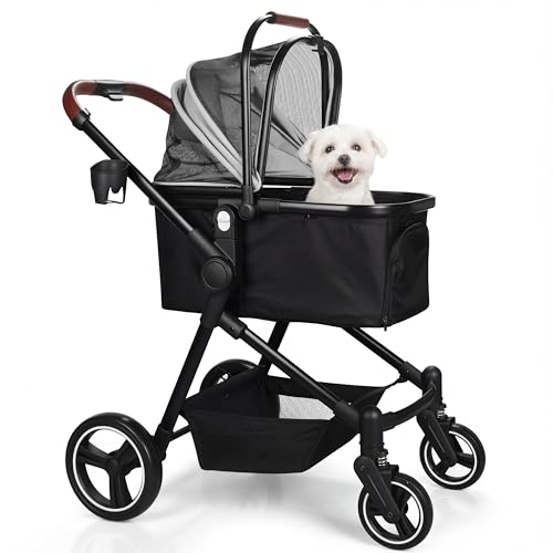 Foldable Dog Stroller, 3 in 1 Pet Stroller for Small Medium Dog Cat up to 50lbs, Detachble Portable Pet Bag, Storage Basket and One-Button Folding Frame