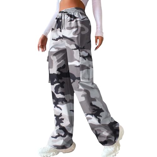 Pantalones de chándal para mujer, estampado de camuflaje, elásticos, pantalones anchos, ropa de calle, corte holgado, algodón, deporte, fitness, tiempo libre, pantalones de entrenamiento, gris, M