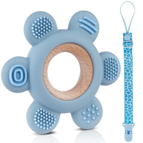 Vicloon Beißring für Baby, Baby-Beißspielzeug aus Silikon Ruder Greifling Beißspielzeug mit Schnullerketten für ab 3 Monaten(Blau)