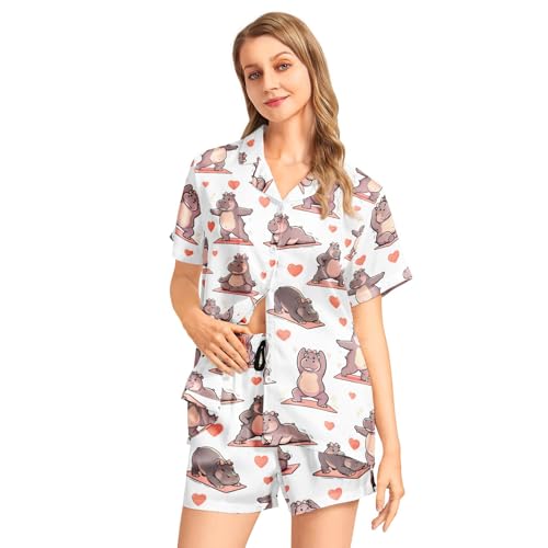 Image of Funny Pajamas for Women Set Print Satin Loungewear Pjs Short Sleeve Button Down Top and Shorts Sets Sleepwear XS-3XL