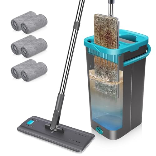 MASTERTOP Balai Plat Microfibre et Seau Essoreur, Serpillère Rotative 360° et Seau Système Auto-Essorage pour Nettoyage de Sol Humide & Sec, avec 6 Tampons...