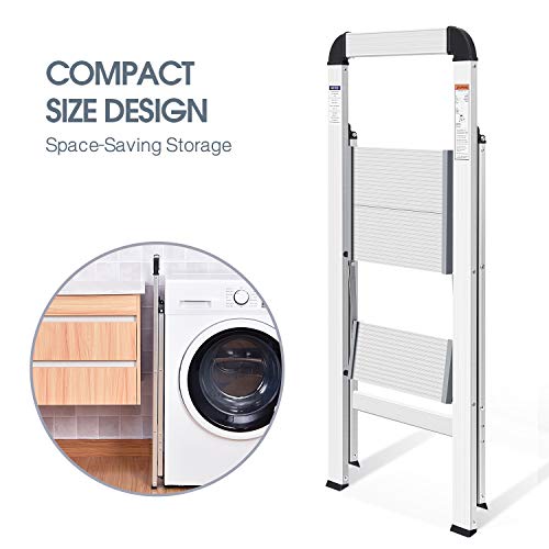 KINGRACK 2 Step Ladder with Handrail, Non-Slip Household Ladder with Folding Safety, Aluminium Folding Step Stool, Maximum Load 150 kg, Silver