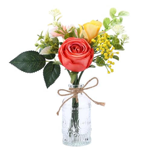 AFRITEE Artificial Flowers with Small Vase - Orange Potted Fall Rose Floral Arrangements Artificial with Small Vase for Home Living Office Wedding Coffee Centerpiece Table