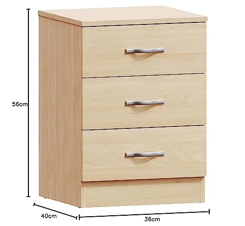 Vida Designs Large Pine Bedside Cabinet Chest of Drawers, 3 Drawer With Metal Handles and Runners, Unique Anti-Bowing Drawer Support, Riano Bedroom Furniture