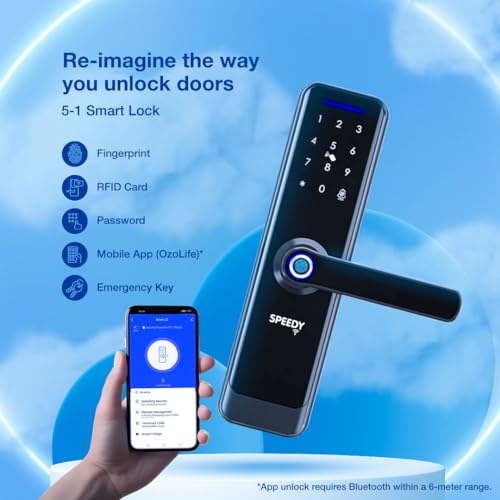Image of SPEEDY Alloy Steel WiFi Enabled Smart Door Lock for Main Door with 5 in 1 Access | Biometric, 2 Emergency Keys | (No Extra Gateway Required) | 2-Year Warranty & Free Installation by Brand