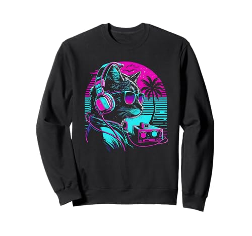 House DJ Cat 80s 90s Kitten Sunset Rainbow DJ Cat Kitty Sweatshirt