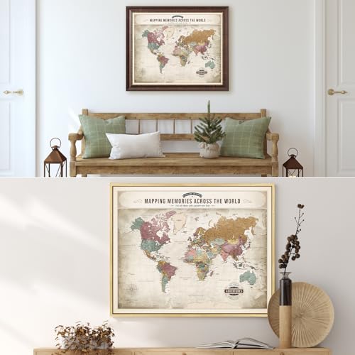 Image of DECORARTS - Personalized World Travel Map with Pins, Custom Name, Pin Board Canvas Wall Art, Soft Vintage Pastel World Decor, Optional Wood Frame, Giclee Print, Handcrafted in USA, 20x16''