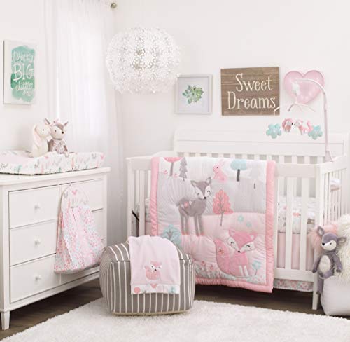 Image of Sweet Forest Friends - Pink, Aqua, Grey and White 100% Cotton Fitted Crib Sheet