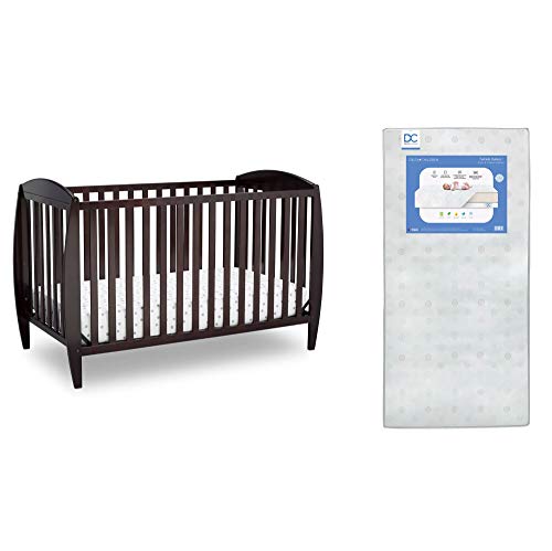 Image of Delta Children Twinkle 4-in-1 Convertible Baby Crib, Sustainable New Zealand Wood, Dark Chocolate and Delta Children Twinkle Galaxy Dual Sided Recycled Fiber Core Crib and Toddler Mattress (Bundle)