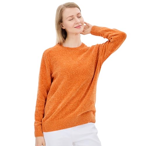 Image of Simple&Opulence Women's Chenille Sweater Crewneck Long Sleeve Pullover Ribbed Cuff Hem Round Neck Jumper Tops