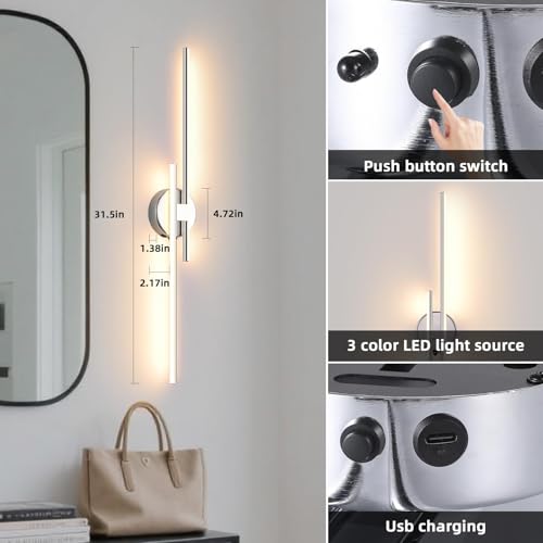 Image of Wireless Battery Operated Wall Sconces with Remote, USB Rechargeable Led Wall Lights, 3000K-6000K Wireless wall sconces for Bedroom, Hallway, Living Room, Chrome 31.4 inch Wall Light Set of Two