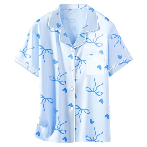Image of Schbbbta Girls Womens Pajamas, Satin Silky Pjs Set Kids 2Pcs Button-Down Nightwear Sleepwear Gift for Mommy and me