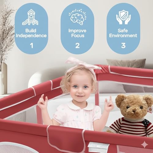 Image of Baby Playpen with Balls - Portable Play Yard with Mesh Panels for Safety & Visibility, Indoor /Outdoor Toddler Activity Fence for Boys & Girls (Red)