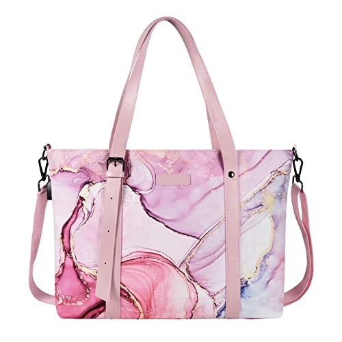 MOSISO USB Port Laptop Tote Bag (17-17.3 inch) with Adjustable Top Handle, Laptop Bag for Women, Polyester Work Travel Office Large Computer Shoulder Handbag Marble MO-MBH216