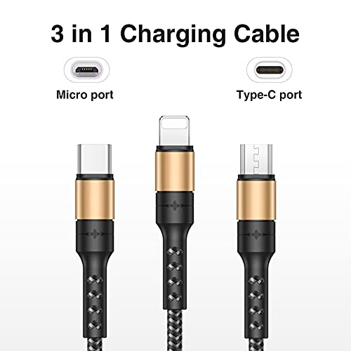 RAVIAD Multi Charger Cable, 3 in 1 Charger Cable [1.2M] Multiple USB Cable Nylon Braided with Micro USB Type C Lightning Cable Connector for iPhone, Android Samsung Galaxy, Huawei, Oneplus, LG