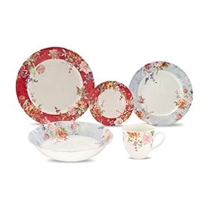 TUDOR ROYAL 30-Piece Porcelain Round Dinnerware Set, Service for 6, CRIMSON Design, Multicolor Floral, Plates Bowls Mugs Dishes Saucers, High Gloss, Premium Quality Ceramic Tableware, Unique Pattern