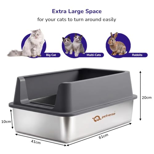 Image of Petverse Stainless Steel Cat Litter Box with High Sides [61 x 41 x 20 cm] Extra Large Metal Cat Litter Tray Non-Stick, Odour Resistant & Easy to Clean Durable Leak-Resistant Litter Box for Indoor Cats