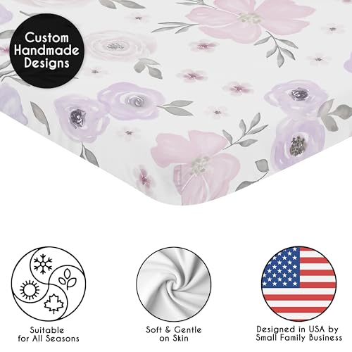 Image of Sweet Jojo Designs Baby Fitted Mini Crib Sheet (Purple /Grey Boho Floral) for Girls, Newborn /Infant Nursery, Play Yards, Portable Cribs (Lavender, Bohemian Flower, Farmhouse, Shabby Chic, Watercolor)