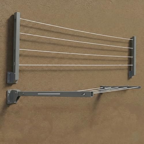 Image of Metal Foldable Wall Mount Cloth Drying Stand with 30 Feet Rope, Space Saving, Wall Mounted, for Balcony and Indoor Use (Grey)