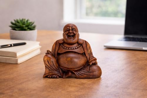 Estatua Buda sonriente en madera talla manual miniatura 4