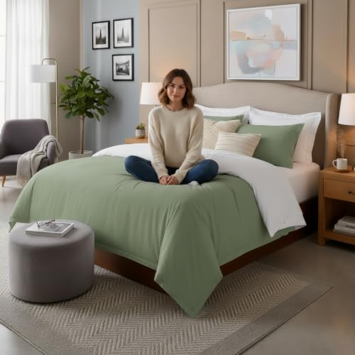 Image of Duvet Cover Single Size Bed (60x92 Inch) 1 Duvet Cover + 4 Pillow Covers with Zipper 600 TC Cotton Reversible Luxurious Quilt, Comforter, Rajai, Blanket Cover (White /Sage)