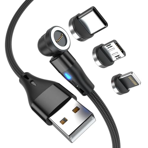 Wonvify Cable de carga rápida magnética 2M 3 en 1 Cable USB C magnético universal, cargador magnético para Micro USB/Tipo C/Linght-ing, para i-phone Samsung Xiaomi, rotación de 360° y 180°