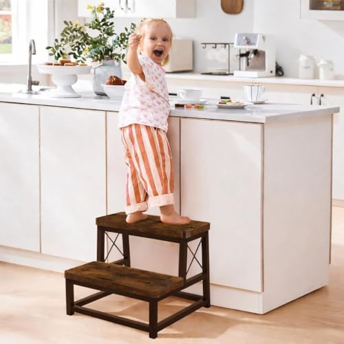 Image of 82984 Heavy Duty Wooden Step Stool for Adults, 2 Tier Heavy Duty Step Stool for High Bed with Non-Slip Feet, Using for Bedroom, Living Room, Bathroom and Kitchen (Brown)