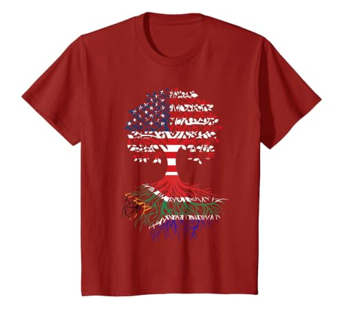 South African Roots American Grown Tree Flag T-Shirt, Youth, Cranberry Red, Medium