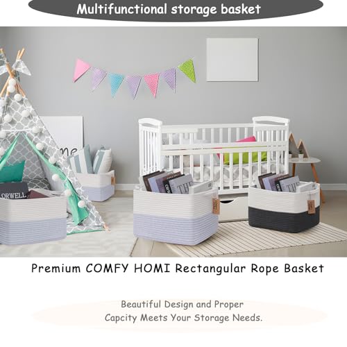 Image of COMFY-HOMI 3PACK Cotton Rope Square Baske with Handles for Shelves|Dog Toy Baske Bin and Storage|Baby Baske for Gift|Shoe Baske for Organizing|13.5 inch x 11 inch x 9.5 inch for Living Room(White /Blue)