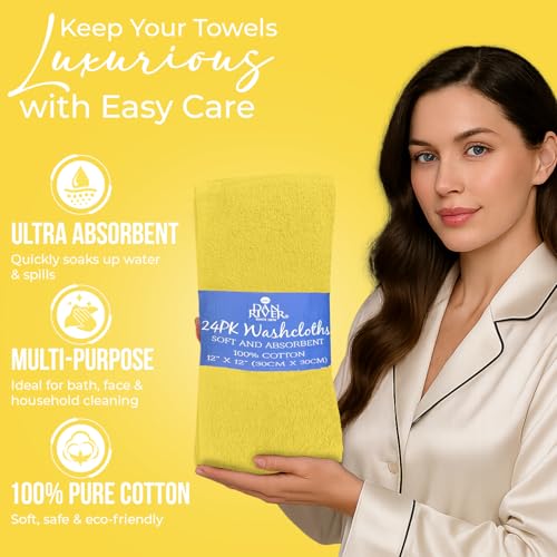 Image of DAN RIVER 24 Pack Wash Cloths for Showering [12x12] - 100% Cotton Washcloths Premium Quality Flannel Face Cloths for Bathroom, Highly Absorbent and Soft Feel Wash Clothes, Yellow