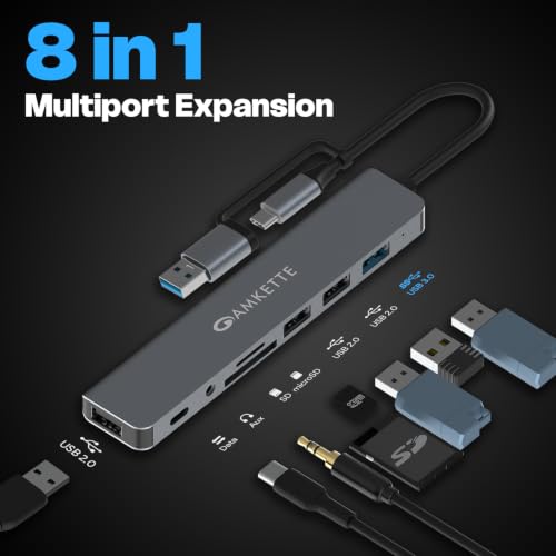 Image of Amkette 8-in-1 Plus (A+C) USB Hub for Laptop, USB Hub Type C with USB 3.0, SD /TF Card Reader, 3.5mm Audio Jack, External HDD Support, Type C Hub Compatible with Windows, macOS & Linux