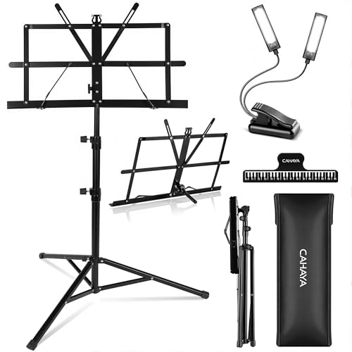 CAHAYA Dual-Use Reinforced Folding Sheet Music Stand with Stand Light & Desktop Book Stand Lightweight Portable Adjustable with Carrying Bag Including Music Sheet Clip Holder