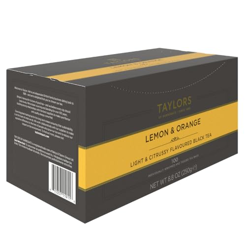 Image of Taylors of Harrogate Lemon & Orange, Black Tea, Individually Wrapped Bags, 100 Count (Pack of 1), Citrussy, Fragrant and Light, Caffeinated, Enjoy Hot or Iced, 100 Teabags
