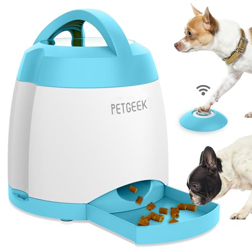 PETGEEK Dog Treat Dispenser with Button Automatic Dog Feeder with Remote Control and Dual Power Supply Dogs Puzzle Toys and Interactive Pet Stimulation Toys for Indoor/Outdoor Play (Blue)