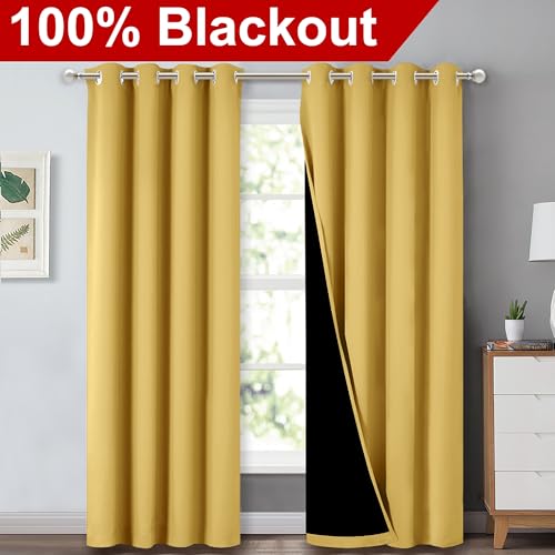 Image of NICETOWN 100% Blackout Curtains with Black Liners, Thermal Insulated Full Blackout 2-Layer Lined Drapes, Energy Efficiency Window Drapes for Bedroom (Bright Yellow, 2 Panels, 70-inch W by 63-inch L)