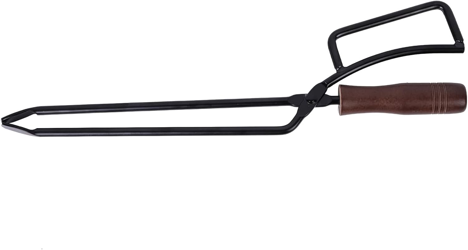 Fire Tongs 40cm,Heavy Duty Cast Iron Fireplace Log Tongs with Wooden