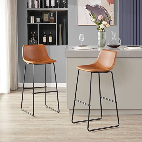 Bar Stools Bar Chairs, Modern Industrial Bar Stools Set Of 4,Faux Leather Dining Chairs Barstools Leather Stool For Kitchen Counter,Mid Century Bar Stools With Back Barstool Set Of 4 Whiskey Brown,30" #TOP3